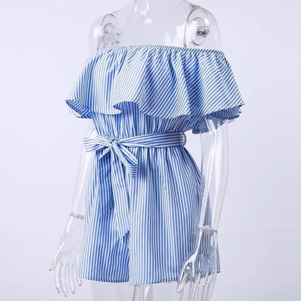 Blue Striped Off Shoulder Jumpsuit with Tie Waist - Picture 10 of 14